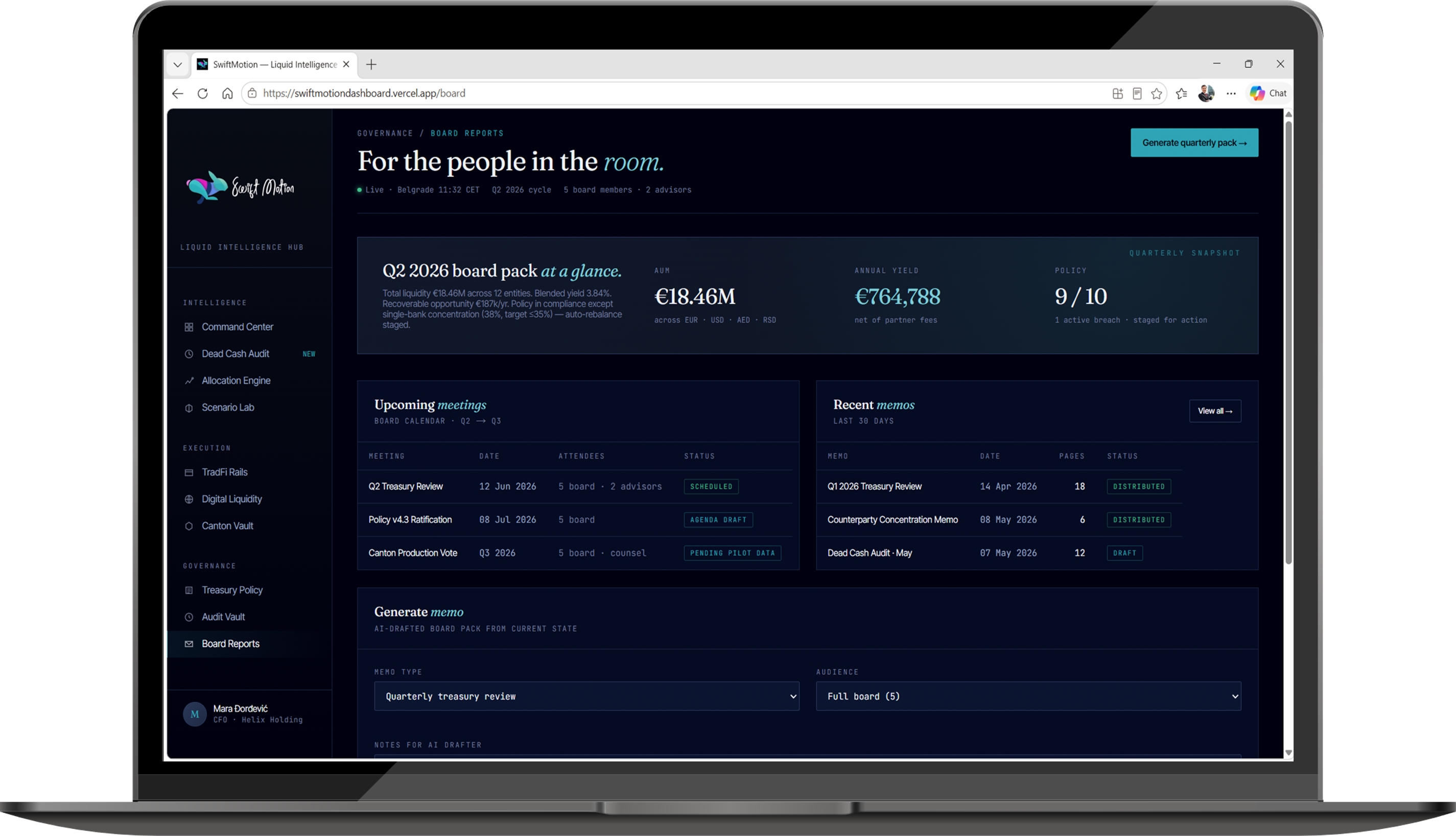 SwiftMotion board reports dashboard on a laptop